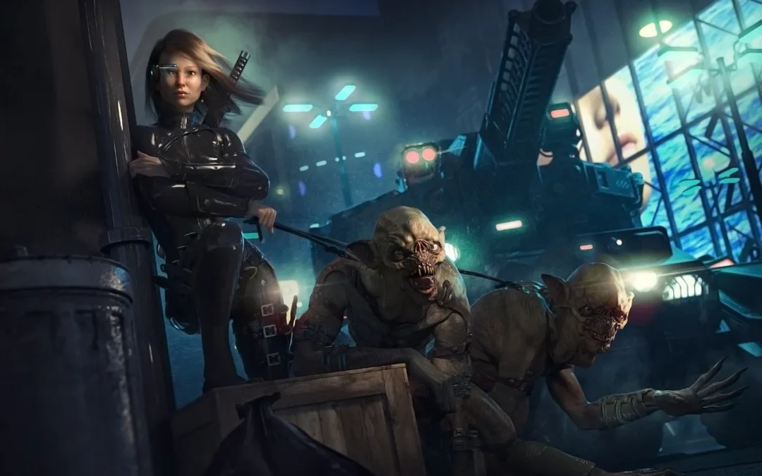 Femme cyberpunk avec créatures mutantes dans une ville futuriste éclairée par des néons.