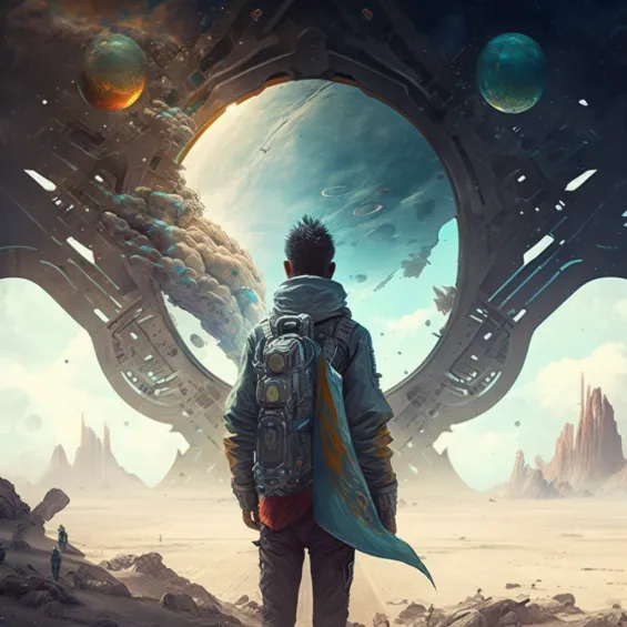 Jeune homme face à un portail spatial sur un paysage désertique extraterrestre.