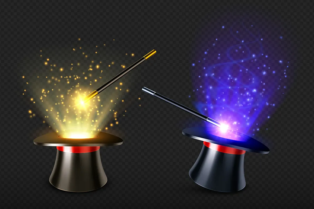 Deux chapeaux magiques avec baguettes et effets lumineux jaunes et bleus.