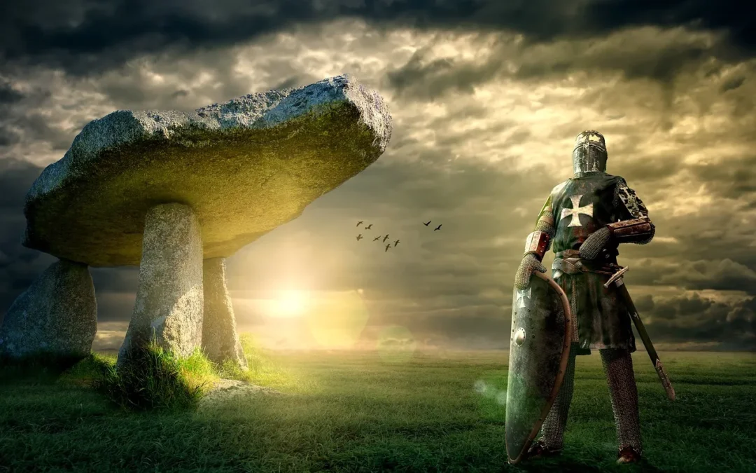 Chevalier en armure près d'un dolmen sous un ciel nuageux.