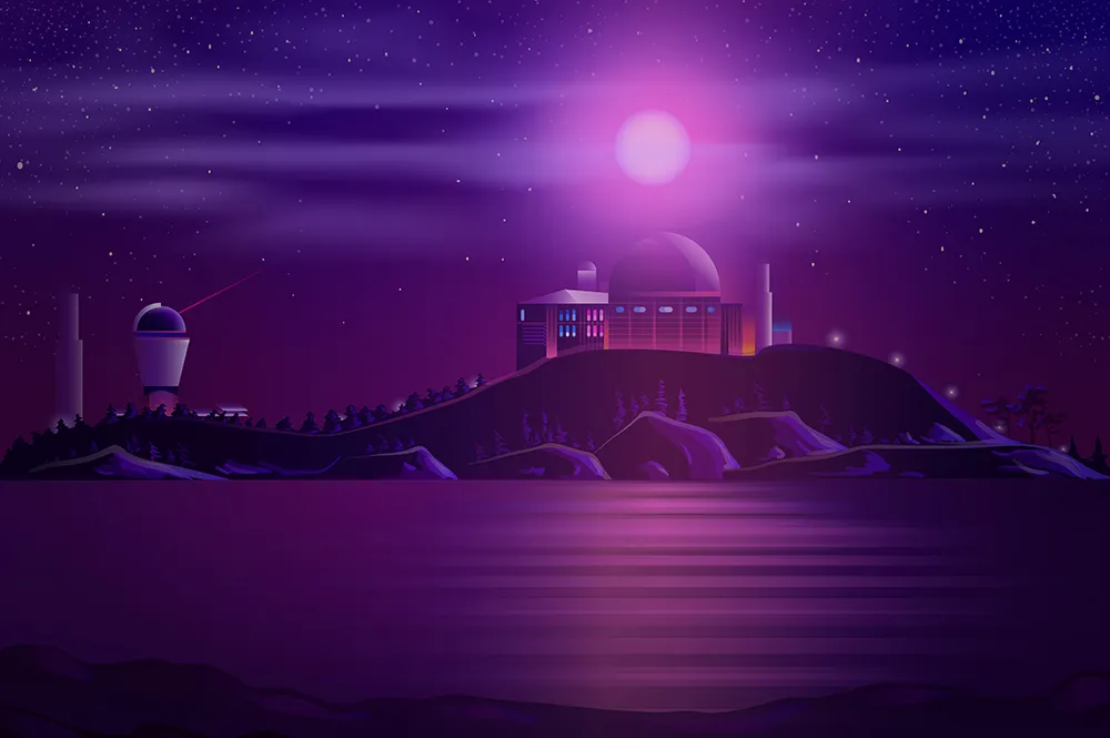 Observatoire futuriste sous un ciel étoilé violet.