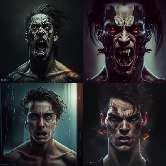 Quatre portraits sombres et menaçants de personnages fantastiques.