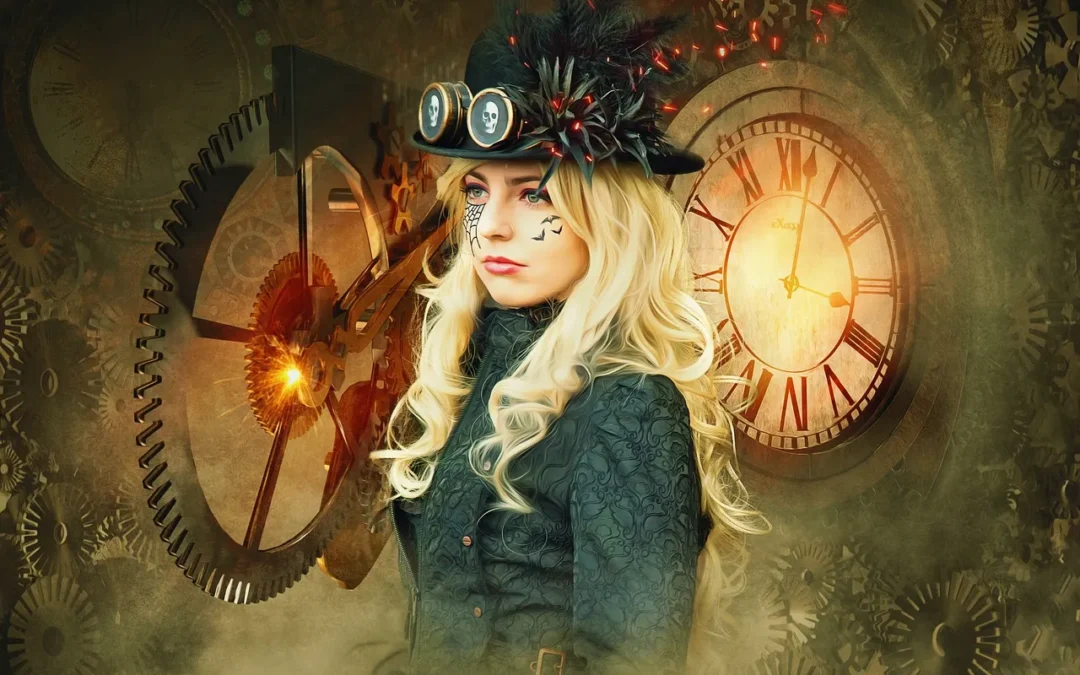 Femme en tenue steampunk avec engrenages et horloge en arrière-plan.